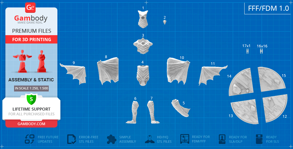3D model parts layout for Gyaos figure, includes wings, limbs, and body segments for printing assembly.