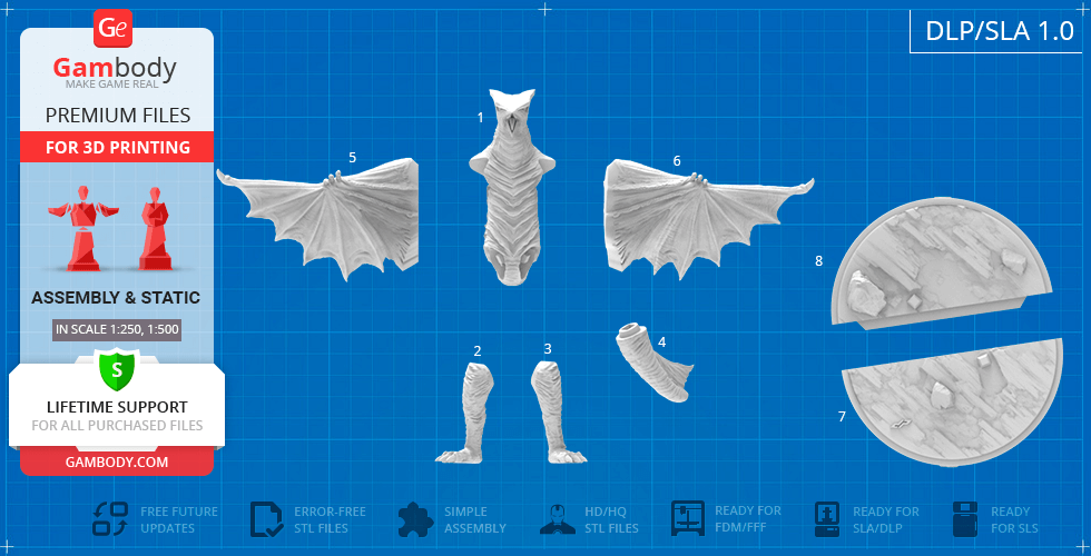 3D model parts of Gyaos: body, wings, legs, tail, and base for assembly and printing.
