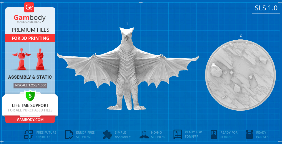 A winged creature model with outstretched wings and a textured base for 3D printing.