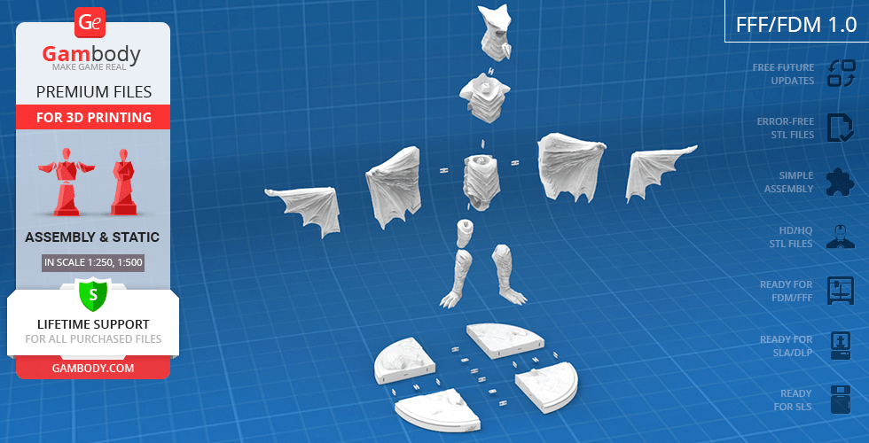 3D printable model of Gyaos in multiple parts, including wings, body, and base, for assembly.