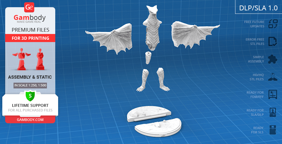 3D printable model pieces of Gyaos, including wings, torso, legs, and base, displayed on a blue grid background.