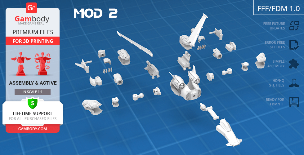 Disassembled 3D printable parts for Hyperion M-03 model on a grid background.