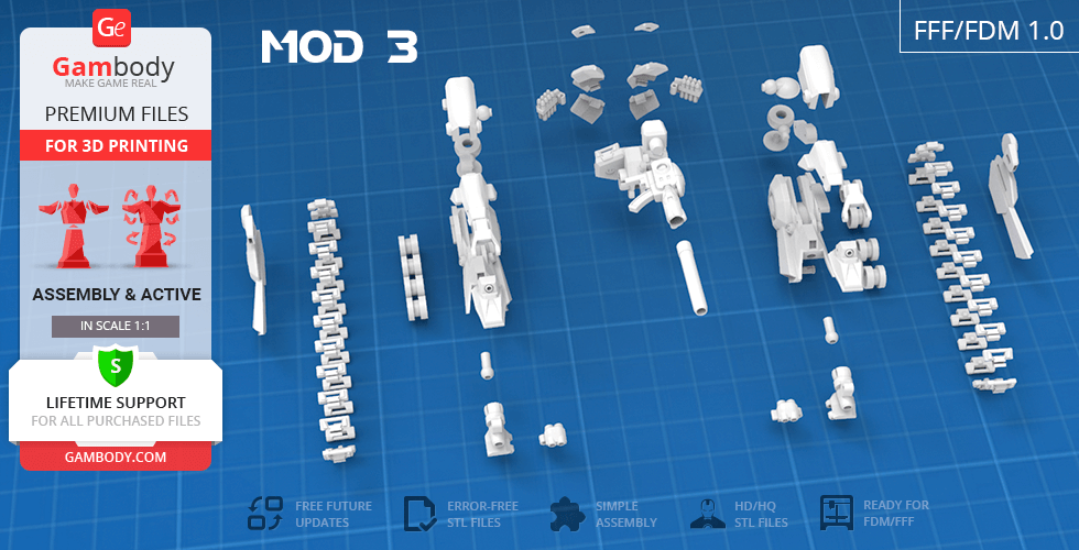Disassembled 3D model parts of Hyperion M-03 on a blue grid background for 3D printing.