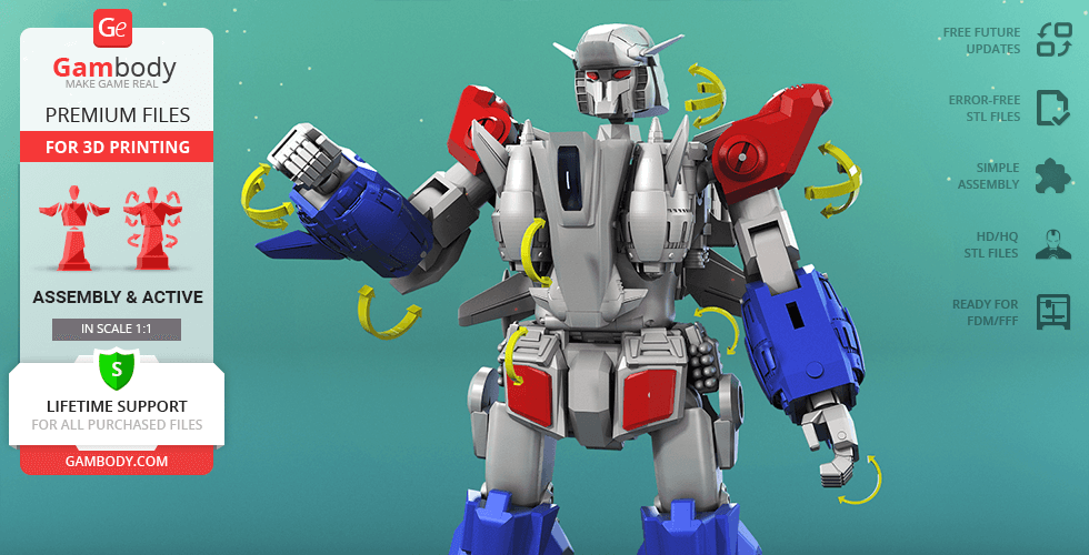 A detailed 3D model of a robotic figure with red, blue, and silver armor, designed for 3D printing.