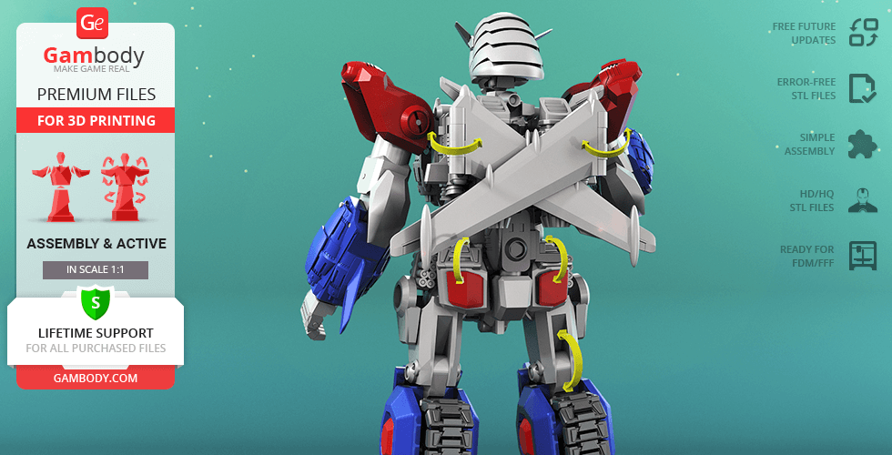 A colorful robot model with red, blue, and metallic parts, designed for 3D printing assembly.