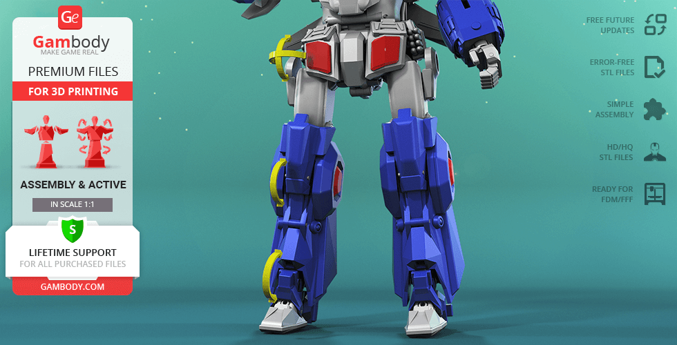 A detailed 3D model of Hyperion M-03's lower body in blue and gray, designed for 3D printing.