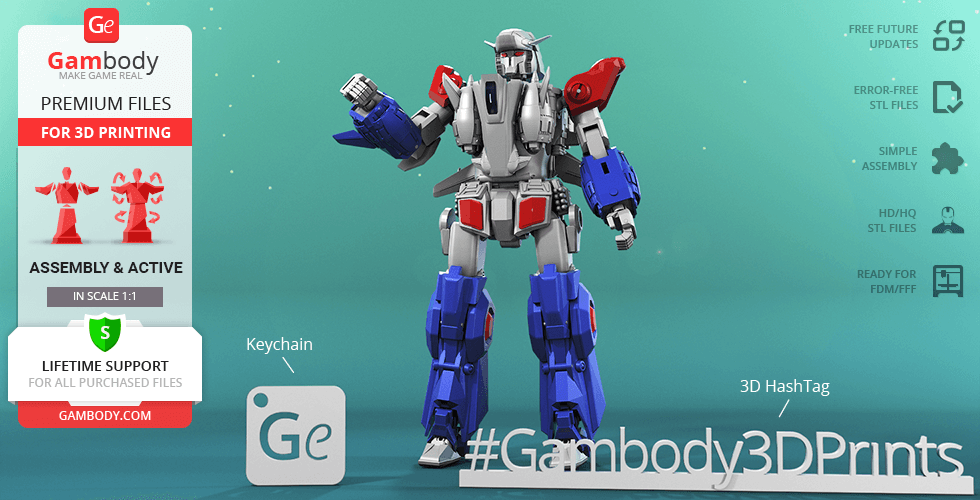 A robot with red, white, and blue armor, shown with 3D printing promotional text and logos.