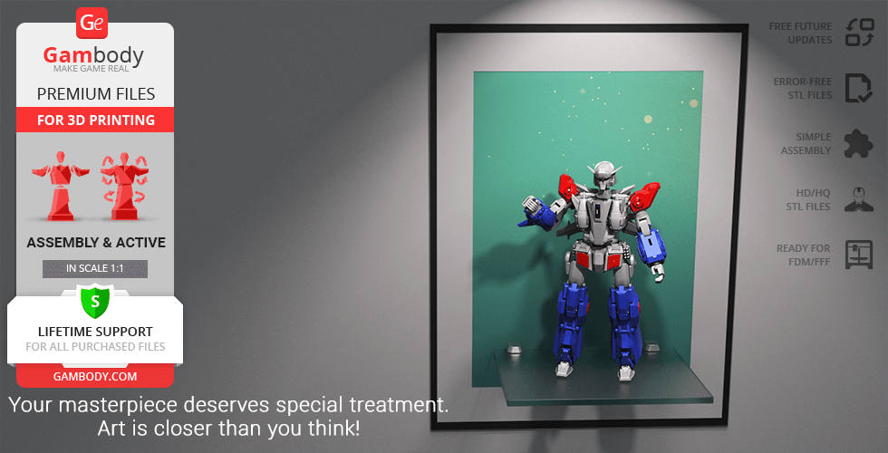 A detailed humanoid robot model in red, blue, and gray on display, ready for 3D printing.