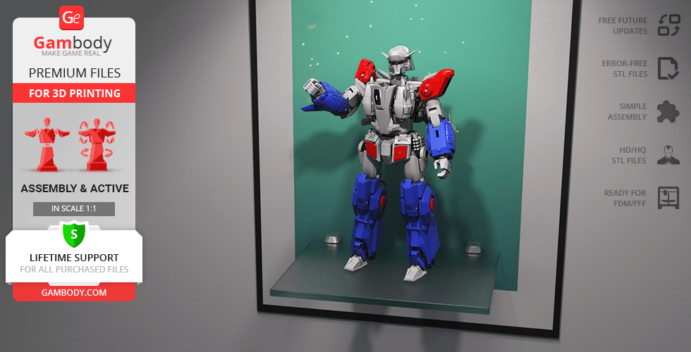 A detailed 3D model of a robot with red, blue, and gray armor, displayed on a platform.