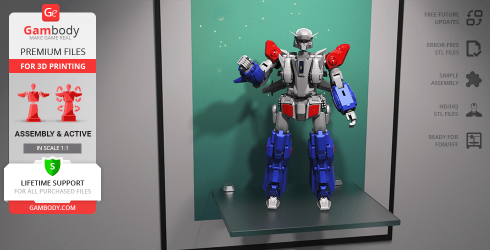 A detailed 3D model of a humanoid robot with red, blue, and gray armor, designed for 3D printing.