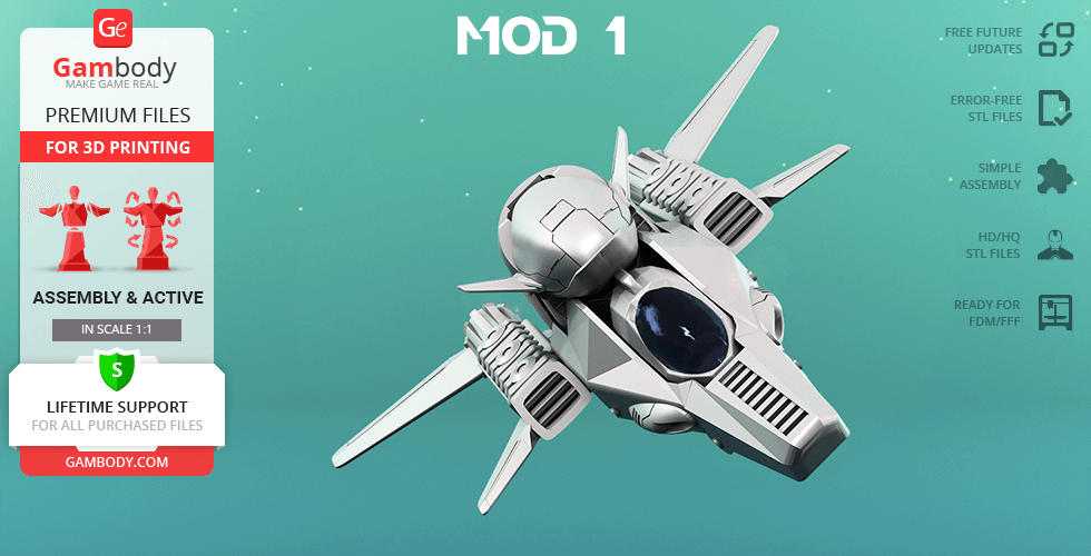 A detailed 3D model of a futuristic spaceship with wings, designed for 3D printing.