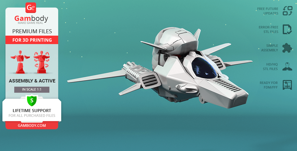 Futuristic spaceship model with sleek design for 3D printing, featuring wings and a detailed cockpit.