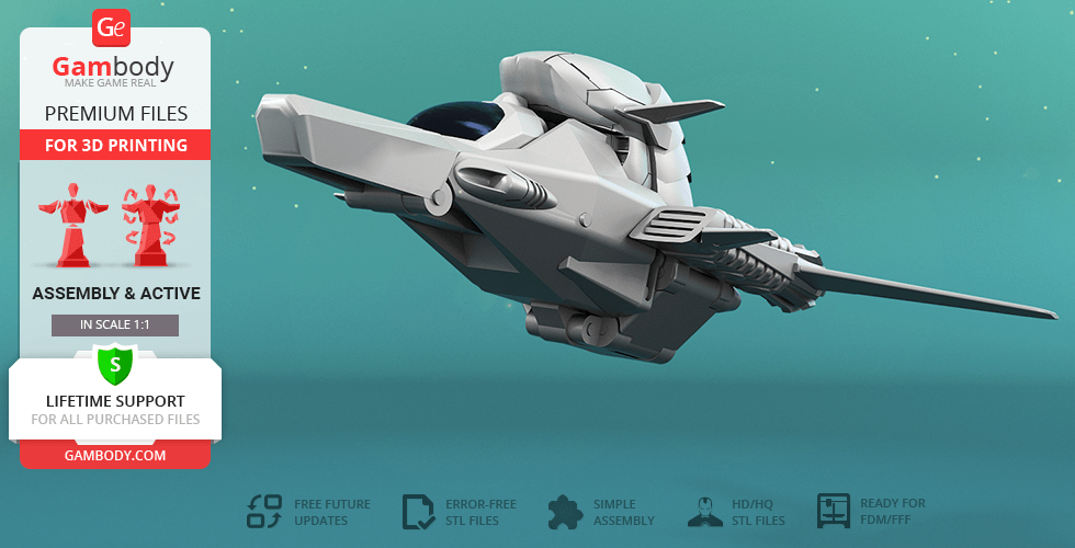 A detailed 3D model of a futuristic spaceship with sleek design, ready for 3D printing.