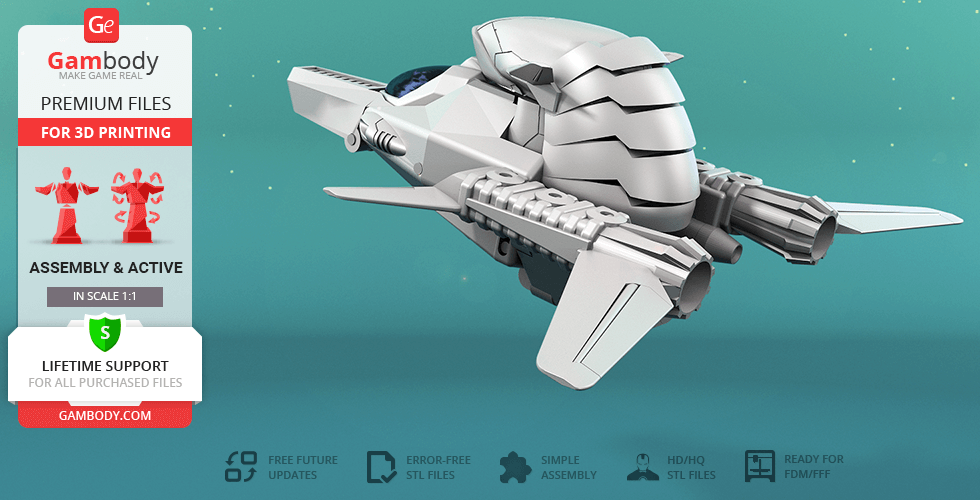 Futuristic spaceship model with sleek design and dual engines, ready for 3D printing.