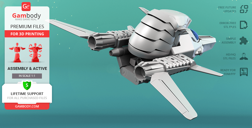 Futuristic spaceship model with sleek design and angular wings, suitable for 3D printing.