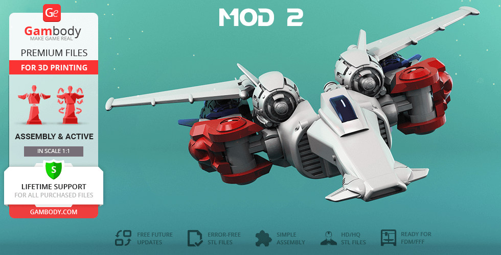 Futuristic spaceship model with twin engines and angled wings, designed for 3D printing.