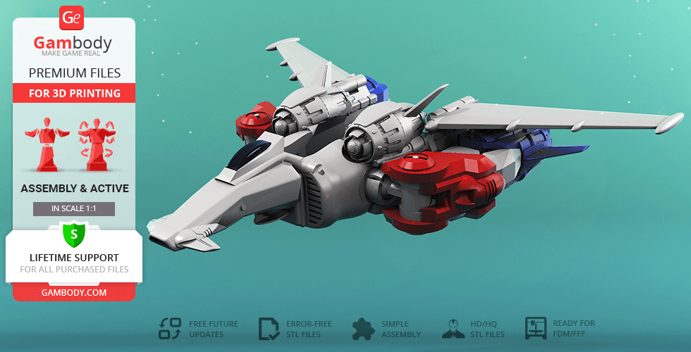 Futuristic spaceship model with engines and wings, designed for 3D printing.