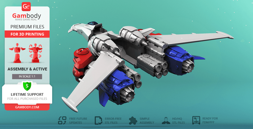 A detailed 3D model of a futuristic spacecraft with sleek wings and twin engines, ready for 3D printing.