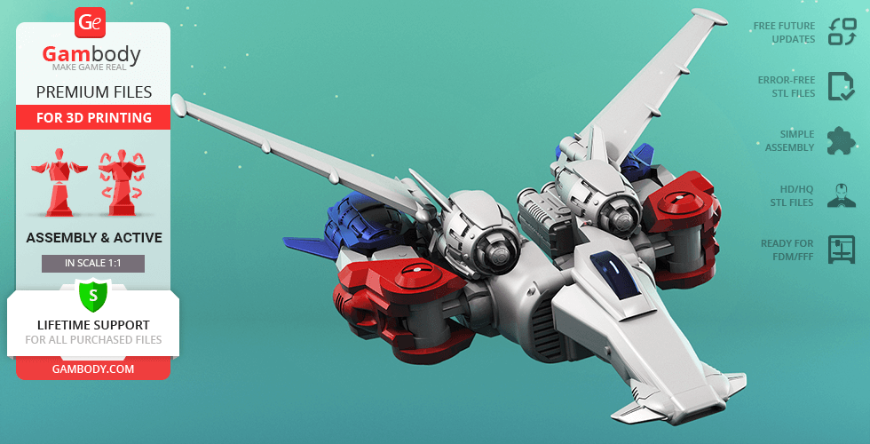 A detailed 3D model of the Hyperion M-03 spacecraft with sleek design and dual engines.