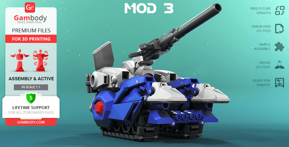 A 3D printable model of Hyperion M-03 tank, featuring a cannon and intricate design elements.