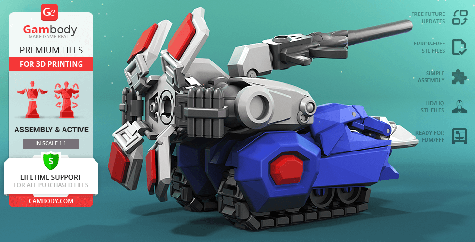 A futuristic blue and gray tank-like vehicle with a large cannon and shield-like front attachments.