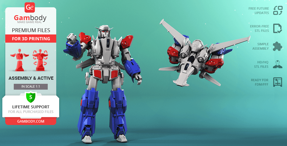 Model of a blue and red mech robot and matching spacecraft for 3D printing.