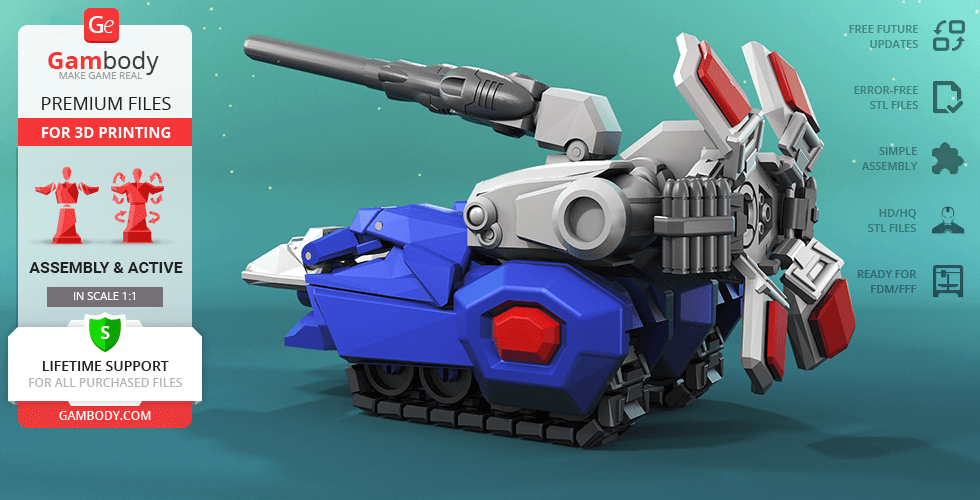 Futuristic blue tank model with large cannon and rotating blades for 3D printing.