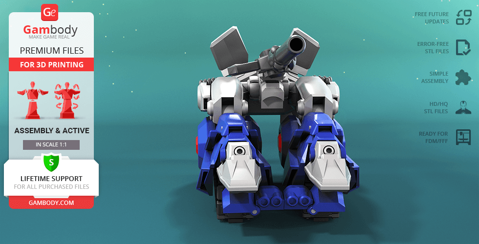 A 3D model of a futuristic robot with a turret, designed for 3D printing.