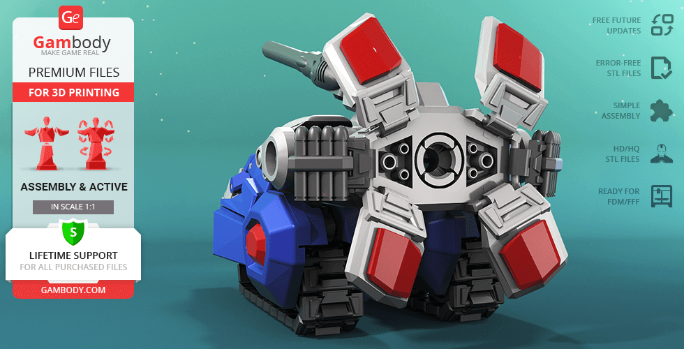 Futuristic tank with large rotating turret and red accents on sale for 3D printing by Gambody.