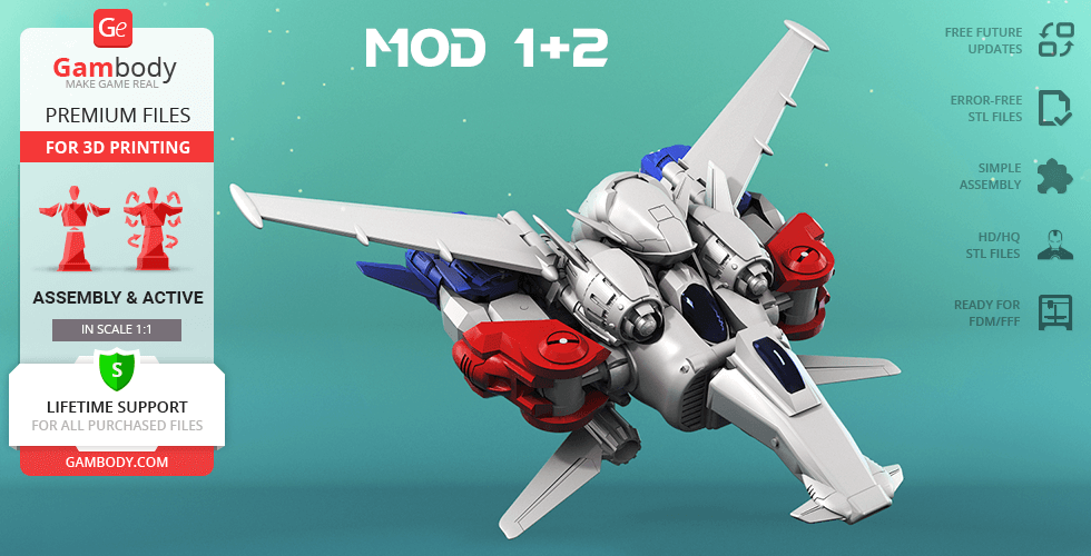 Futuristic spaceship model with sleek wings and engines, designed for 3D printing.