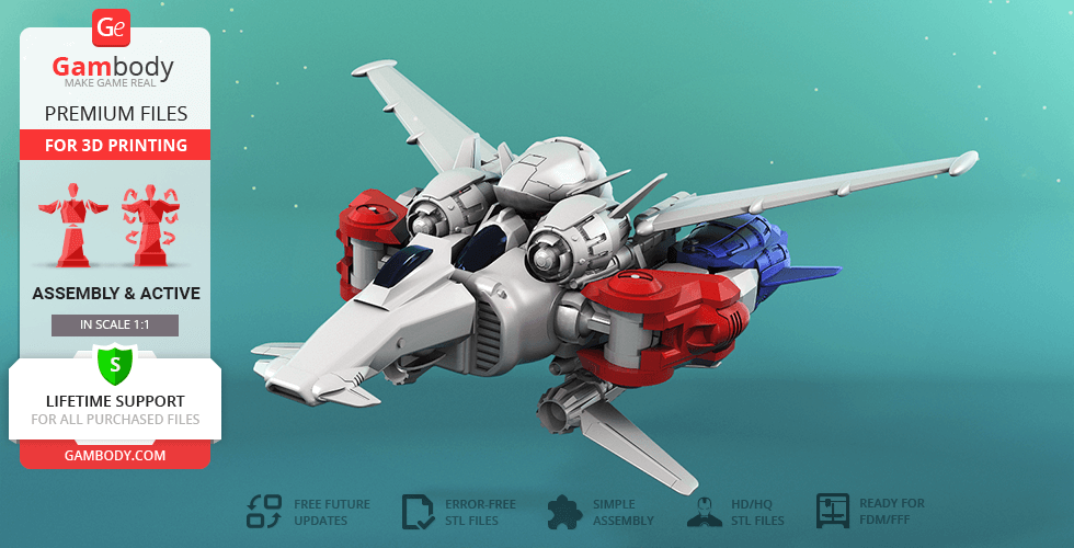A 3D model of a futuristic spacecraft with sleek design, red and blue engine accents, ready for printing.