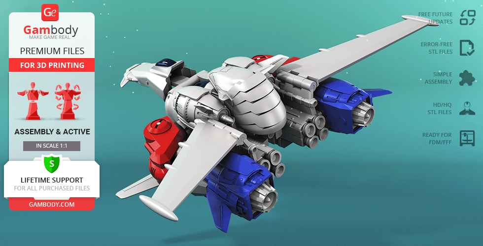A detailed 3D model of a futuristic jet, featuring red and blue accents, designed for 3D printing.
