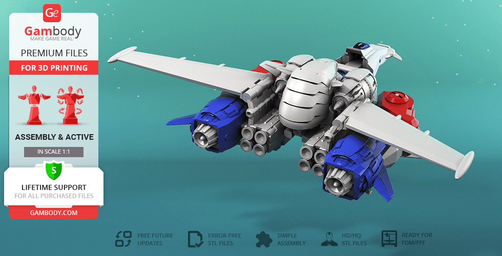 Futuristic spaceship model for 3D printing, featuring detailed engines and wings in a dynamic pose.