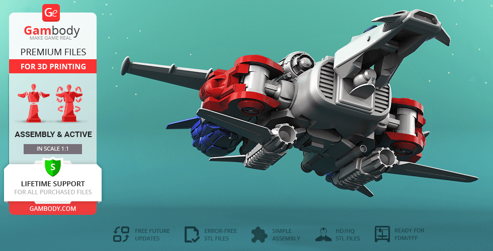 A detailed 3D model of a futuristic spacecraft with prominent red and gray mechanical components.