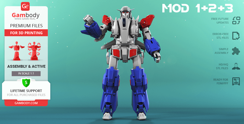 A detailed 3D model of a robot with blue, red, and white armor, designed for 3D printing.