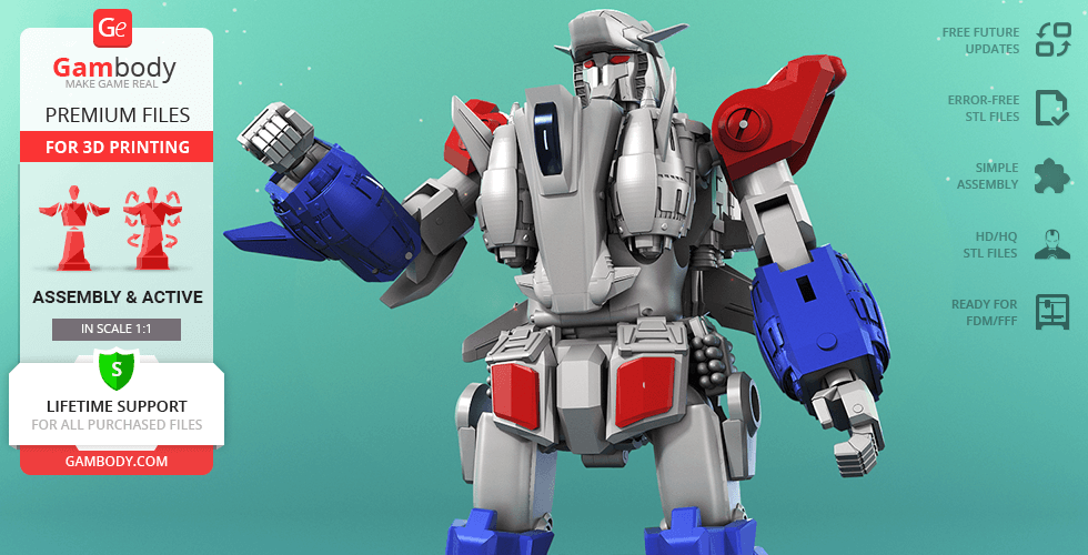 A detailed 3D model of a futuristic robot with red, blue, and gray armor, ready for 3D printing.