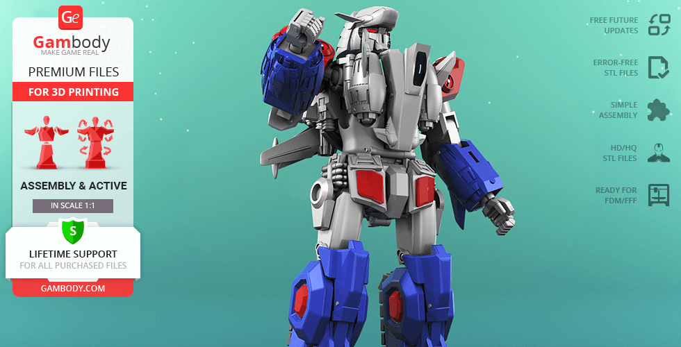 A detailed 3D model of a mecha robot with blue, red, and silver armor, standing in a dynamic pose.