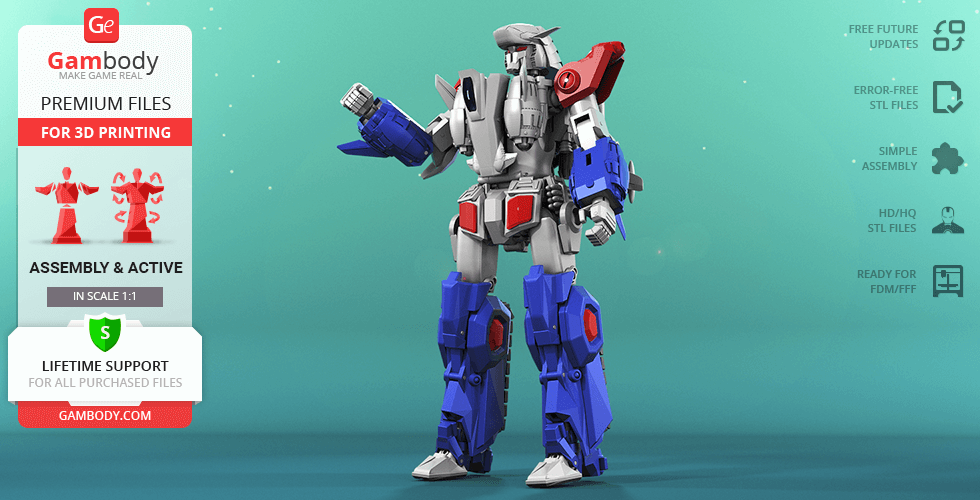 A detailed, articulated Hyperion M-03 robot model for 3D printing, featuring red, blue, and gray colors.