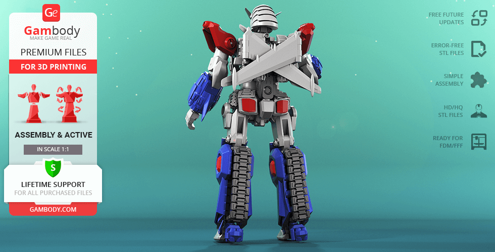 A robot model with red, blue, and gray armor, featuring large limbs and a winged back, viewed from behind.