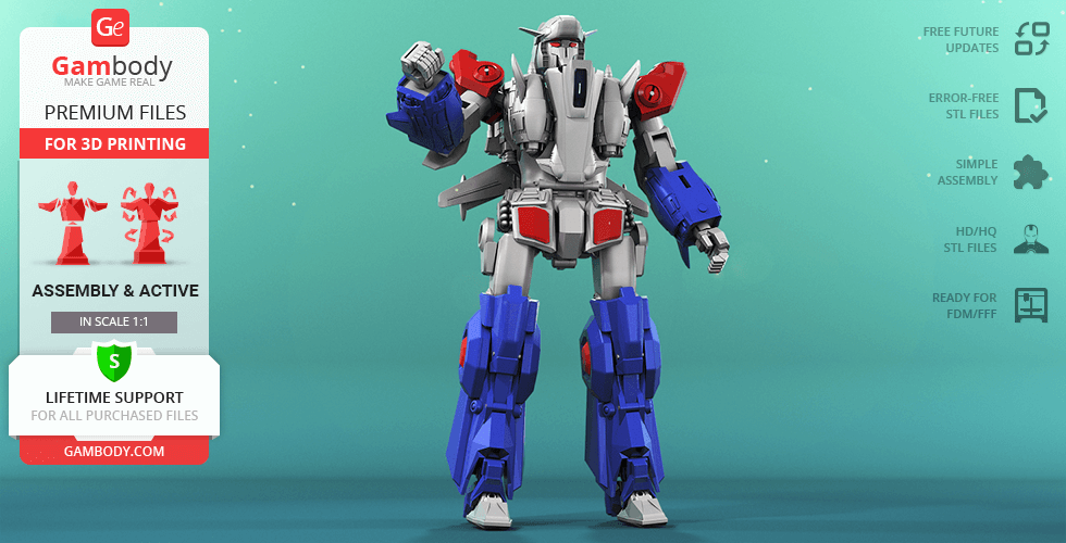 A detailed 3D model of a robot with red, blue, and gray armor, designed for 3D printing.