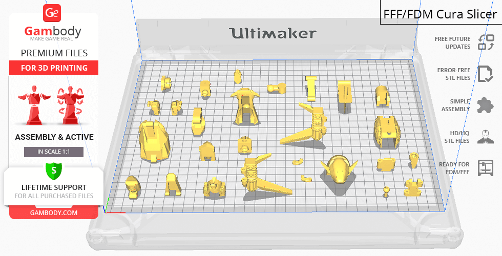 A 3D print preview of Hyperion M-03 STL parts arranged on a grid in Cura slicing software.