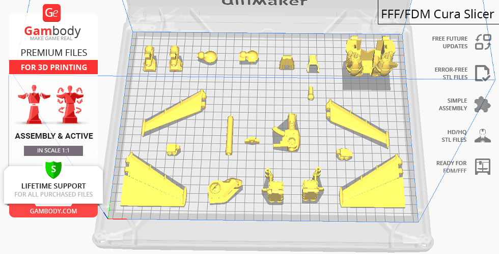 Yellow 3D model components of Hyperion M-03 are arranged on a virtual printer bed.