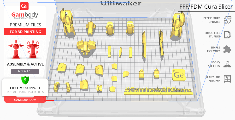 3D printing layout of Hyperion M-03 model parts on a grid.