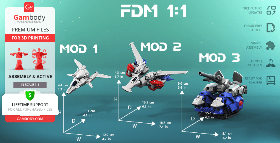 Three 3D models: Mod 1 (jet), Mod 2 (futuristic jet), Mod 3 (tank), with sizes for 3D printing by Gambody.