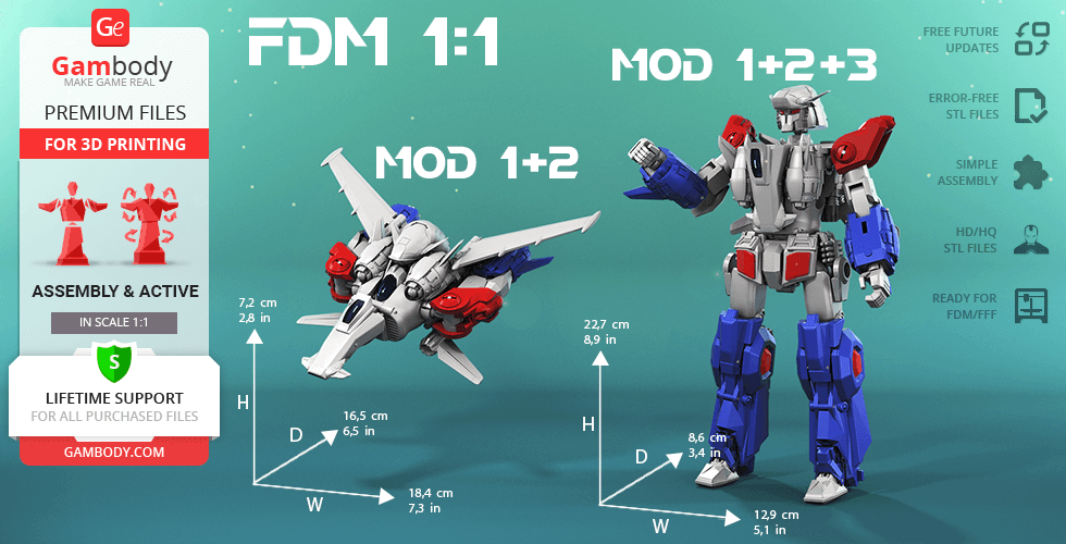 Sci-fi robot and spaceship models for 3D printing, with measurements and assembly info.