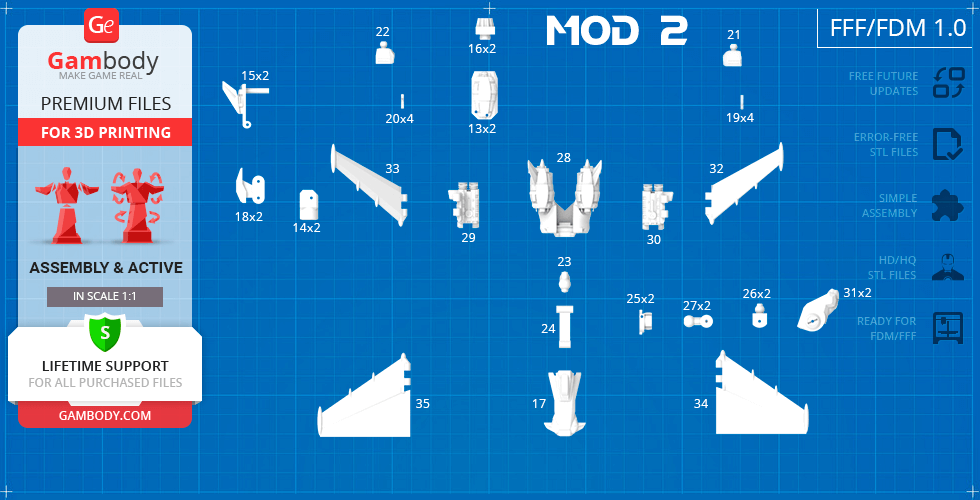Blueprint layout of Hyperion M-03 parts for 3D printing assembly, labeled for MOD 2 configuration.