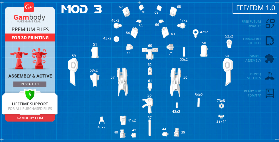 Exploded view of 3D model parts for Hyperion M-03, displayed on a blueprint-style background.