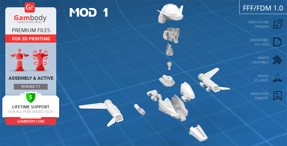3D model parts of a mechanical figure, disassembled for printing with assembly instructions.