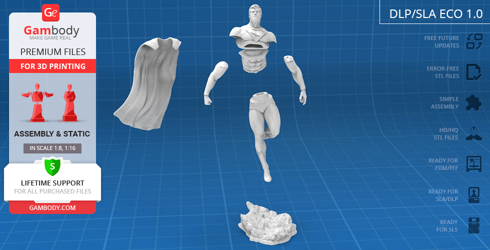 3D printable model of a classic superhero with floating parts, including cape and base, on a blueprint background.