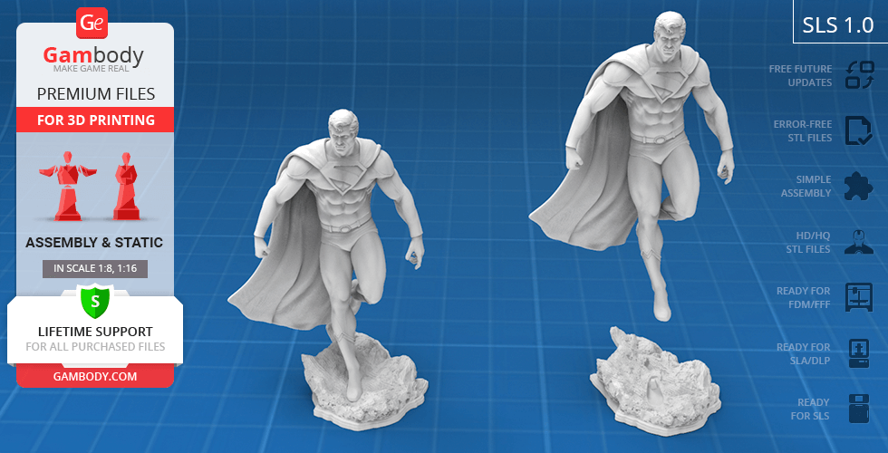 A 3D model of a classic superhero in a cape, standing on a rocky base, ready for printing.